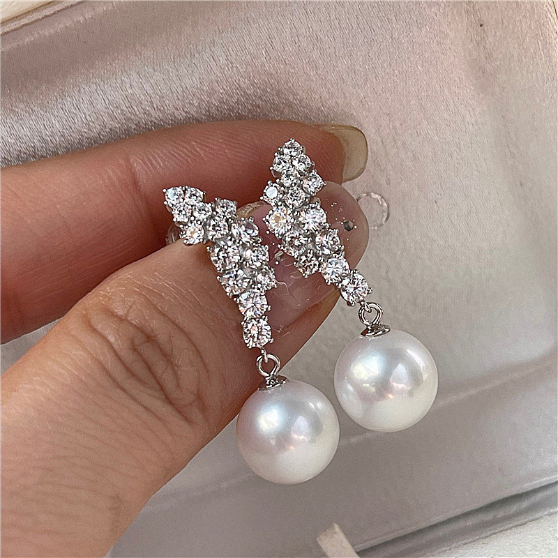 Reba Weibo Night Mesmo Estilo Brincos de Pérola S Flash Brincos de Asas de Diamante Brincos de Diamante para Meninas