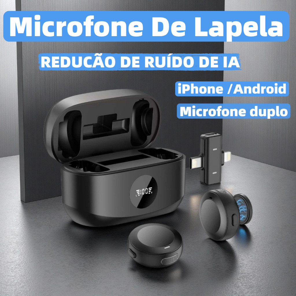 Microfone de Lapela Sem Fio 2 in 1 Type C e Lightning REDUCÃO DE RUÍDO DE IA Microfone duplo AGOLD MCF 38A