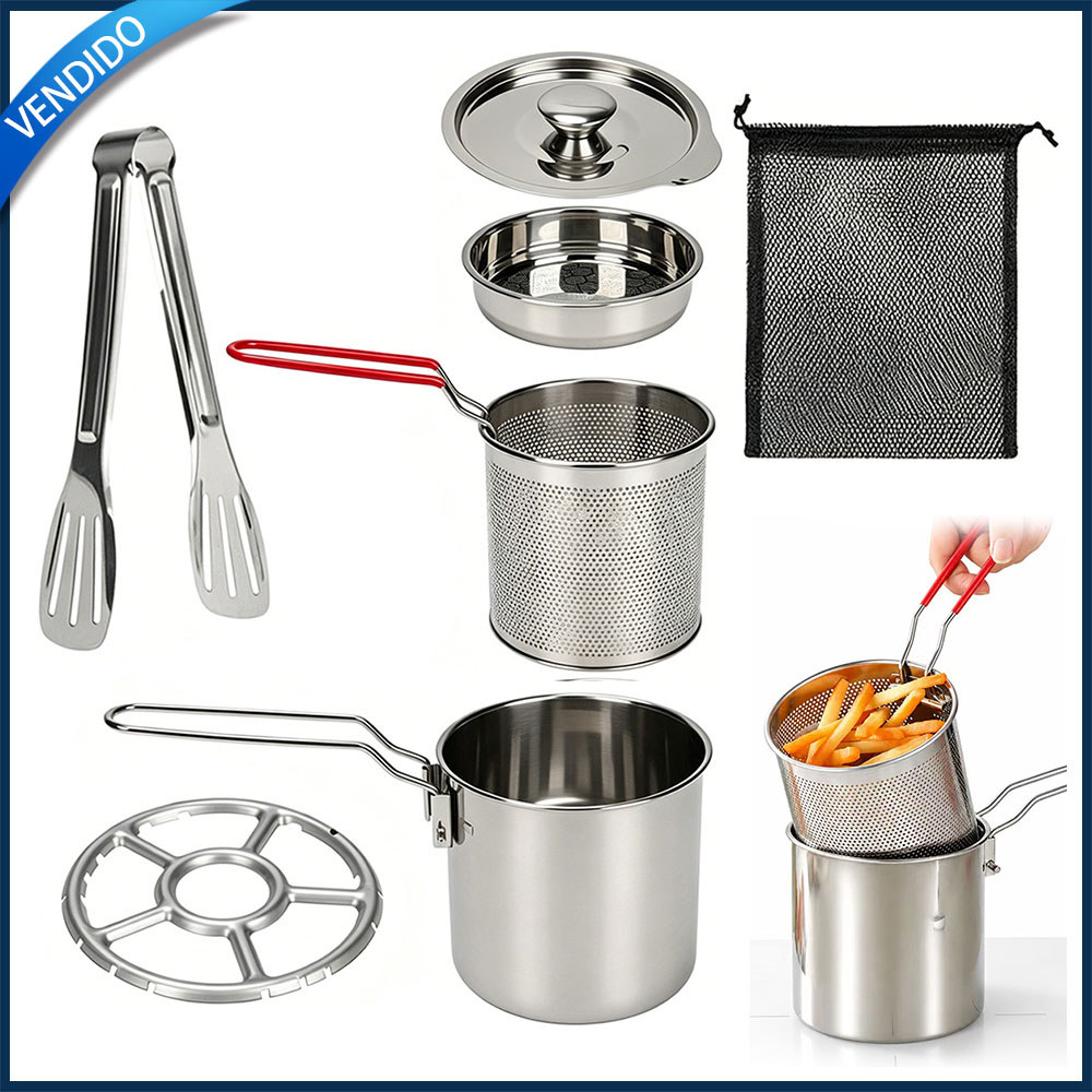 Kit 7 Panela para Fritura 1300ml em Inox com Cesto Filtro Tampa Pinça Suporte e Bolsa para Batata Tempurá Frango e Peixe