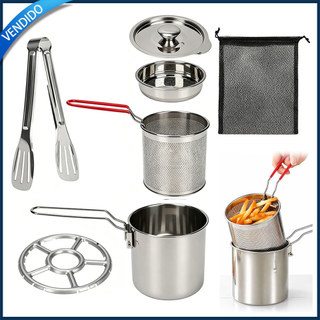 Kit 7 Panela para Fritura 1300ml em Inox com Cesto Filtro Tampa Pinça Suporte e Bolsa para Batata Tempurá Frango e Peixe