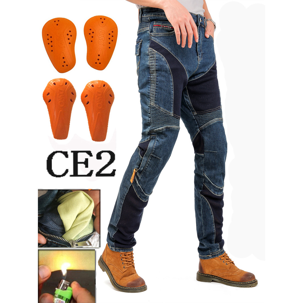 Calças de ciclismo de motocicleta masculina de verão Retro estiramento Jeans conjunta Kevlar resistente ao choque malha 