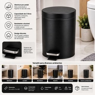 Lixeira Compacta Preta Pedal 3 Litros Acabamento Resistente Ambientes Pequenos