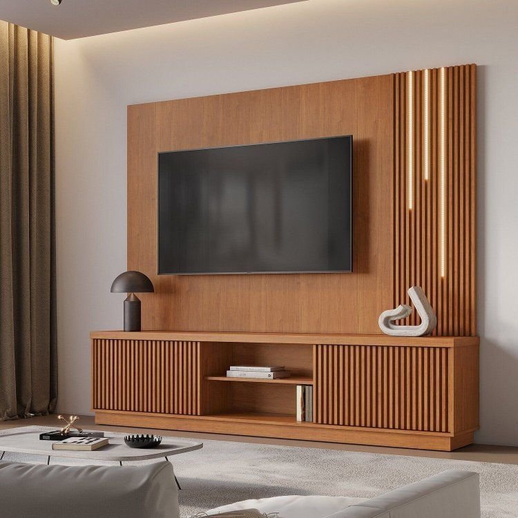Estante para TV e Home Theater Ripado para TV até 75 Polegadas 100% MDF com LED Valencia Marrom Naturalle