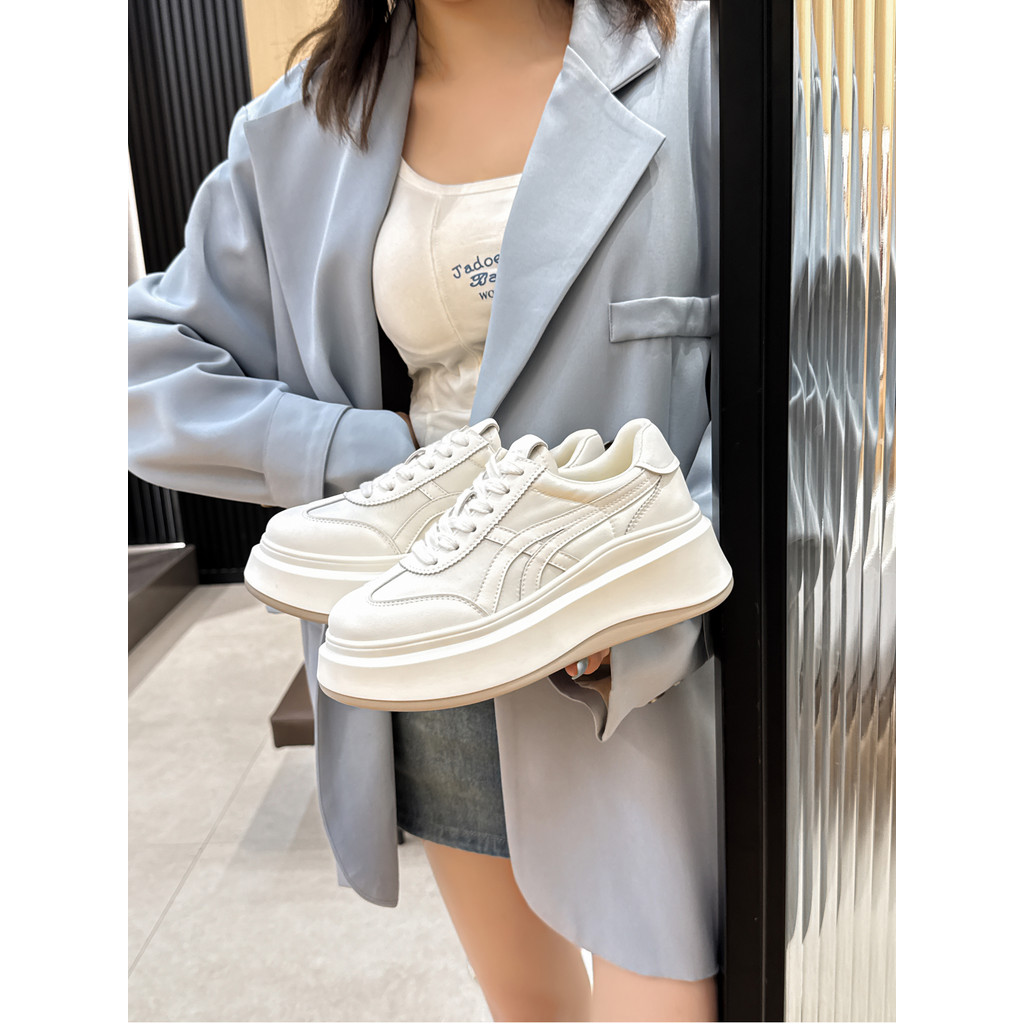 Sapatos brancos de couro feminino 2025 novo estilo couro genuíno sapatos de plataforma de sola grossa All-Match branco m
