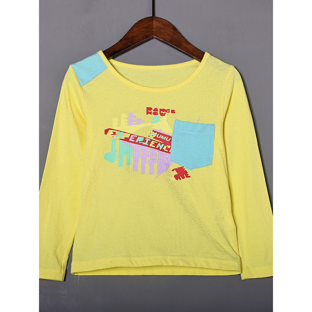Camiseta infantil 2025 primavera outono novo produto em torno do pescoço pulôver moda impressão fina manga comprida cami