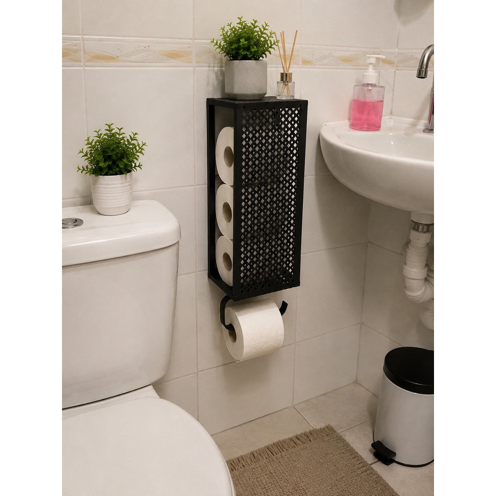 Porta Papel Higiênico 4 Rolos Suporte de Parede em Aço Preto com Dupla Face Organizador Banheiro — imagem 2 de 2