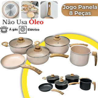 Conjunto de Panelas 8 Peças Caçarola Frigideira Cerâmica Antiaderente Premium Tampa Vidro Temperado