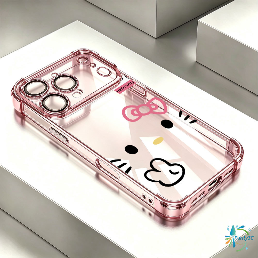 Capinha Borda Cromada 4 Cantos Anti Impacto Kitty Sinal de Paz para iPhone 17 Pro Max 13 14 11 12 16 15 Plus Air Capa