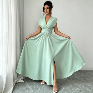 Vestido Longo Casual com Decote em V e Laço Cruzado nas Costas, Barra Larga com Fenda para Uso Diário em Férias CHWO