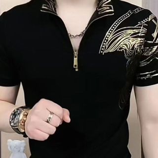 Pronto estoque Camiseta preta moderna com gola bronzeada masculina de manga curta camisa POLO elástica masculina camisa 