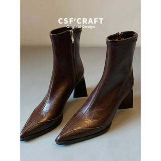 Versão de couro ~ francês Retro apontou Toe salto grosso botas curtas femininas 2025 outono inverno novo estilo zíper la