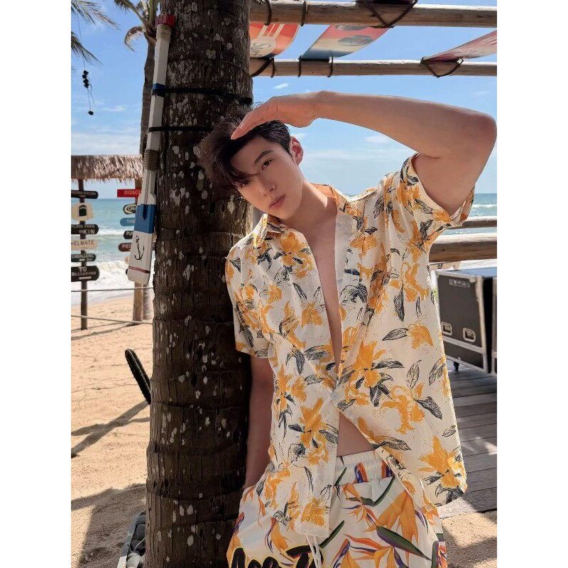 Camisa estampada de manga curta estilo havaiano masculina verão Casual lapela solta camisa de praia na moda