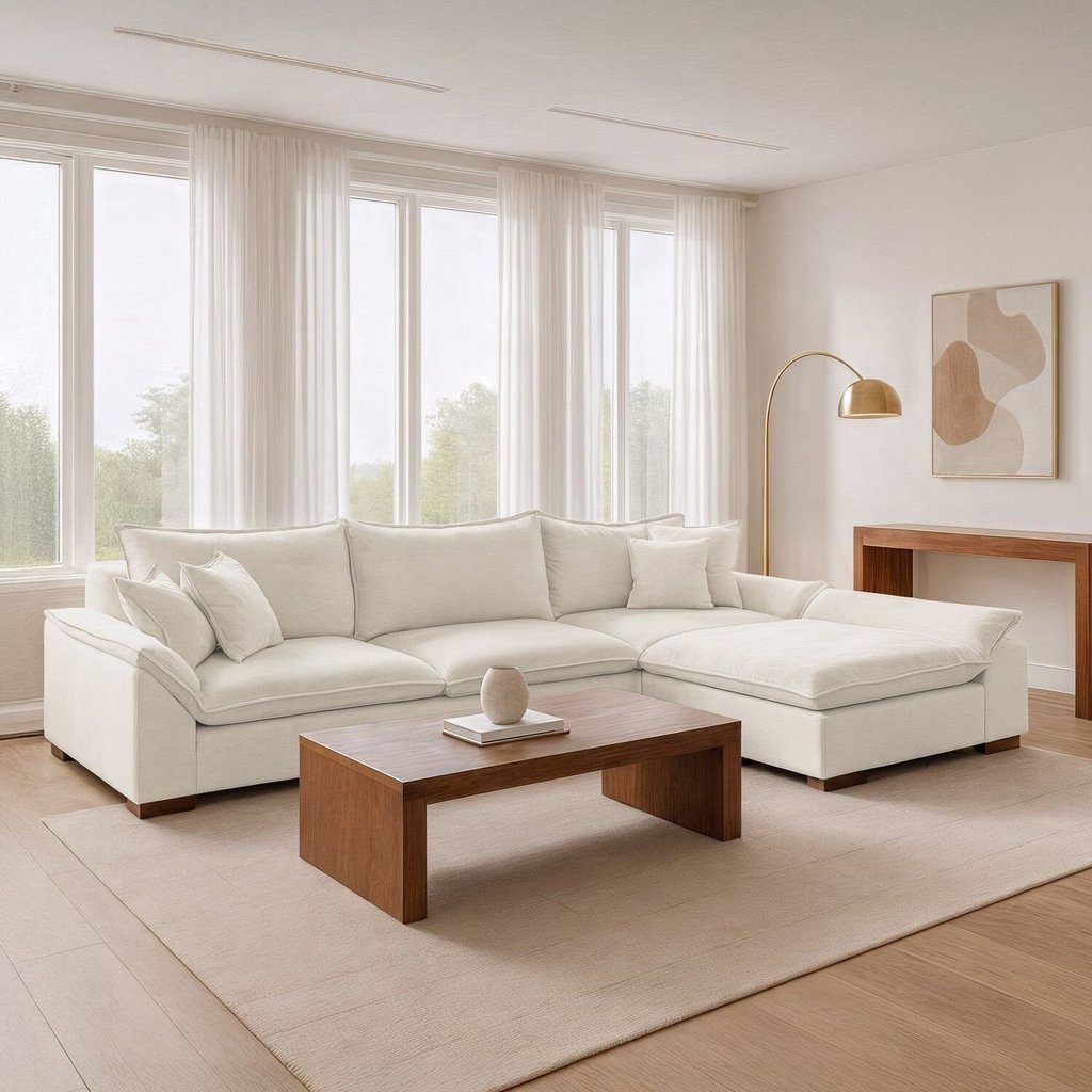 Sofá de Canto 6 Lugares com Chaise Modulado 280cm com Base em Madeira Maciça Dominique Yescasa Bouclé Branco