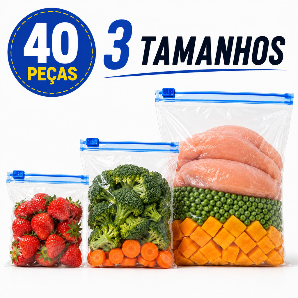 Kit 40  Sacos Organizadores Herméticos Reutilizáveis Zíper para Alimentos Congelado