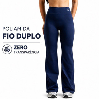 Calça Flare Azul Fitness Feminina Poliamida Premium Fio Duplo Zero Transparência Cintura Alta Academia Treino e Corrida