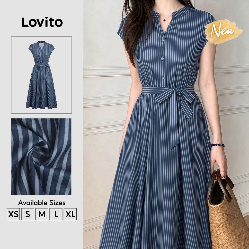 (New Arrival) Lovito Elegant Vestido Midi Listrado Com Botões E Zíper Na Frente Para Trabalho Azul Marinho Feminino DRB201P1D1012
