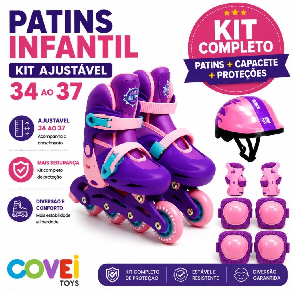 Patins Infantil Quad 4 Rodas Ajustável Roller Inline Menina Menino Com Kit Proteção Cotoveleira Covei Toys