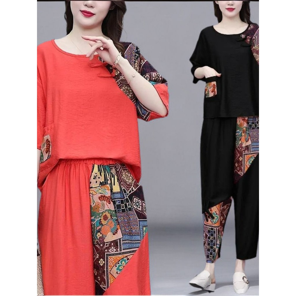 Novo estilo chinês algodão linho terno feminino 2024 verão novo estilo moda Casual solto terno de duas peças moda carne-