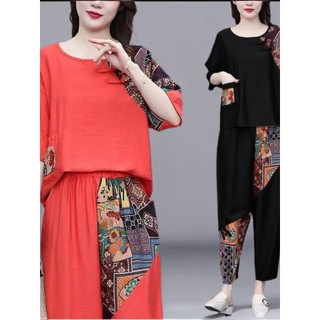 Novo estilo chinês algodão linho terno feminino 2024 verão novo estilo moda Casual solto terno de duas peças moda carne-