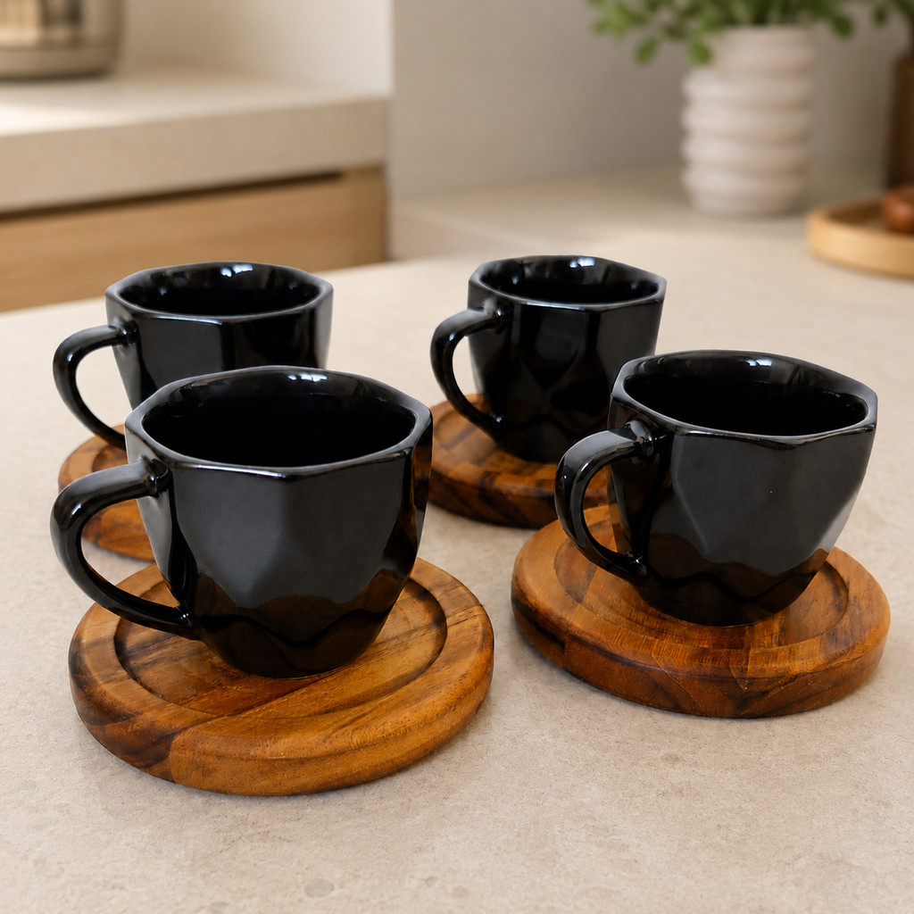 Conjunto de 4 xícaras café pretas coleção prisma 100 ml com pires de madeira