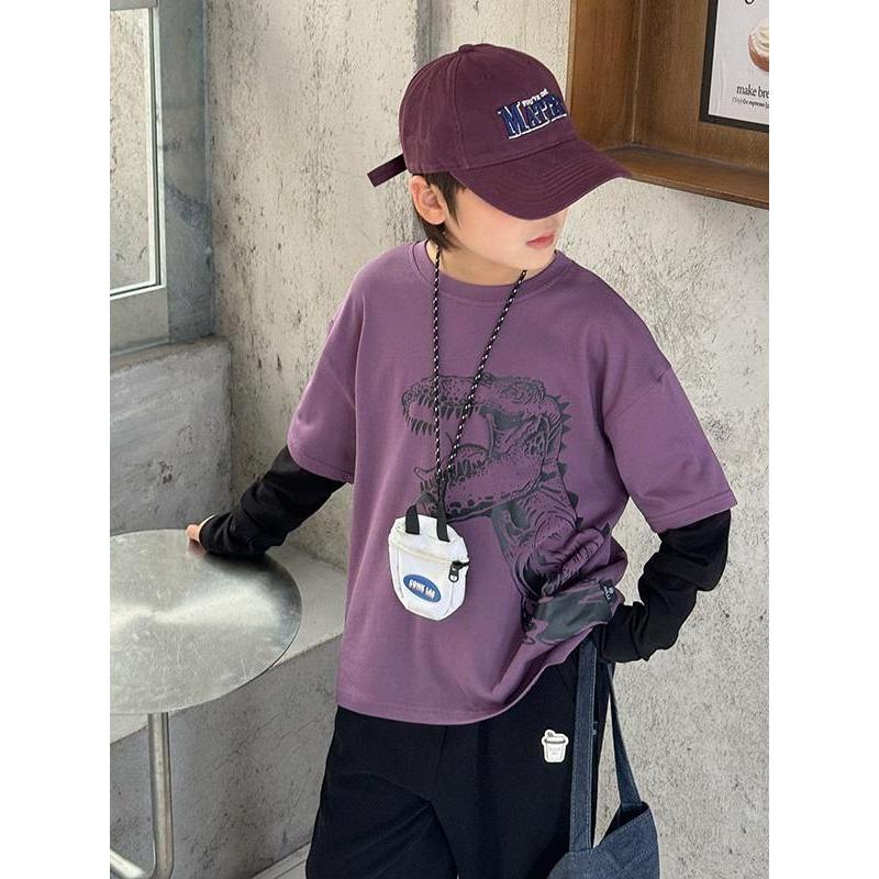 Meninos falso de duas peças de manga comprida camiseta crianças 2025 primavera outono novo estilo puro algodão camisa de