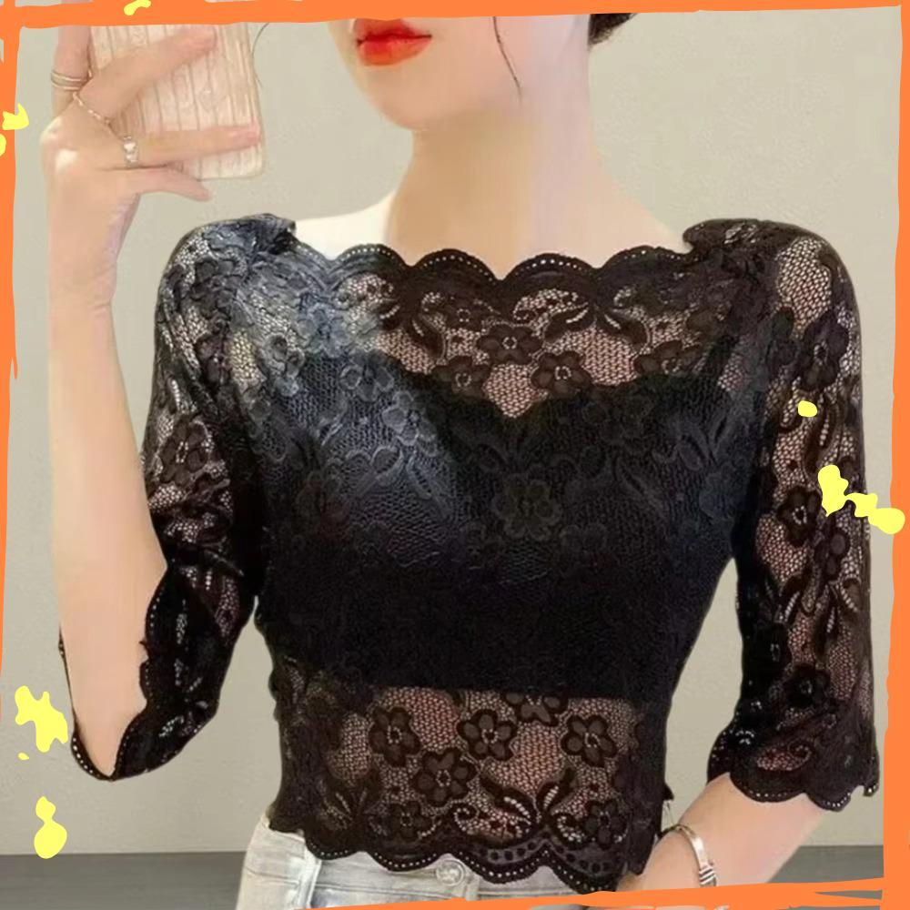 Blusa De Meia Manga , Blusas Recortadas Femininas Bordadas Transparentes , Pulôver De Renda Com Gola De Uma Palavr