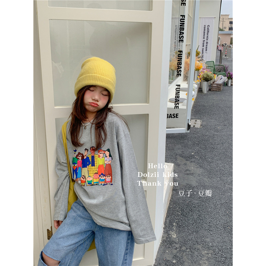 Crianças dos desenhos animados de manga comprida camiseta 2022 primavera novo estilo versão coreana meninos meninas moda