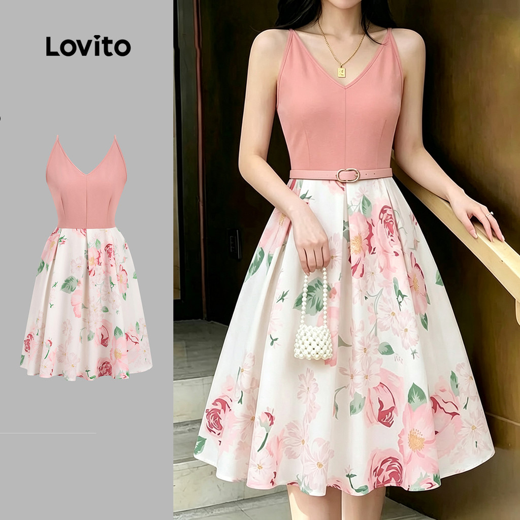Lovito Vestido Elegante com Padrão Bicolor para a Primavera/verão Rosa para mulheres DRB198P1D1043