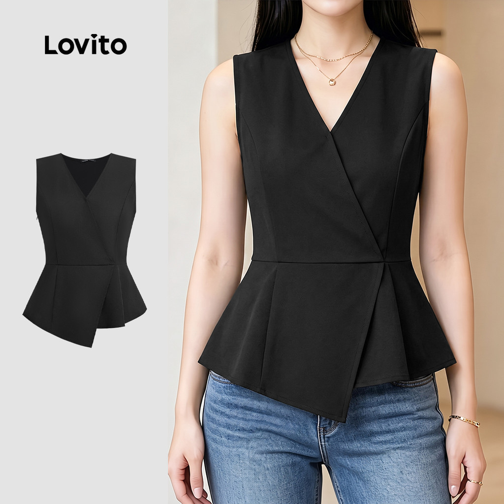 Lovito Top Feminino Preto Elegante Assimétrico de primavera/verão TKK8P1D616