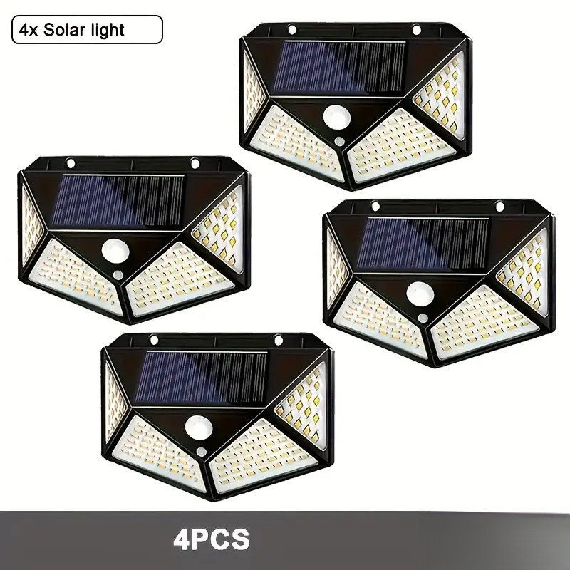 1/2/4 PCS Luminária Parede Solar  100 Leds Com Sensor de Movimento Jardim Externa Prova D'água Casa