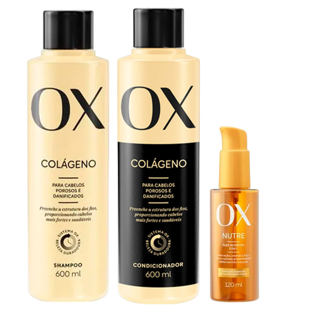 Kit OX Colágeno Shampoo 600ml + Condicionador 600ml + Óleo Capilar Nutritivo 3 Em 1 120ml