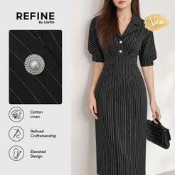 (Refine by Lovito) Vestido Feminino Cinza Listrado Algodão Linho Escritório Modelo Longo A Botão Frontal Traje de Trabalho DRR44P1D122