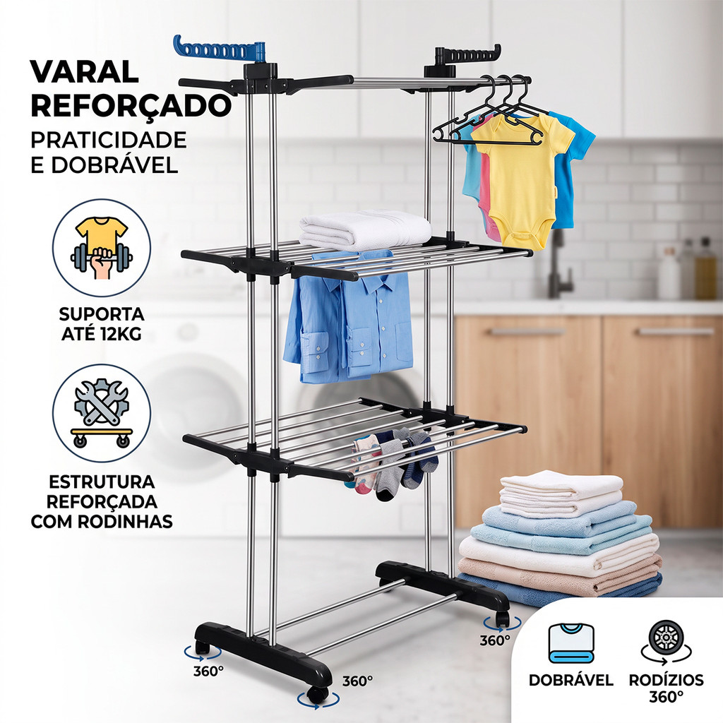 Varal De Chão 3 Andares Colunas Duplas Reforçado Cabideiro Retrátil Rodinhas 360 Robusto Compacto