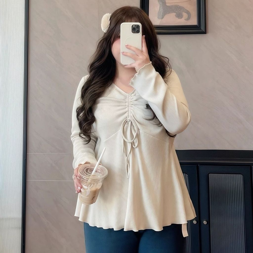 Tamanho grande cordão com decote em V manga comprida camiseta feminina primavera outono novo estilo gordura mm solto mai