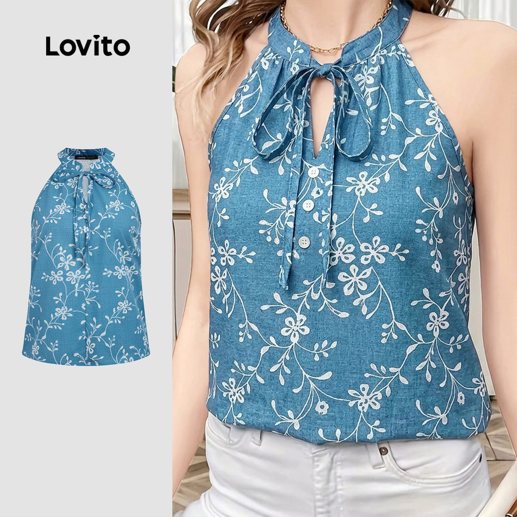Lovito Top Feminino Azul Escuro Boho Botão Arco primavera/verão TKB198P1D637