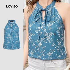 Lovito Top Feminino Azul Escuro Boho Botão Arco primavera/verão TKB198P1D637