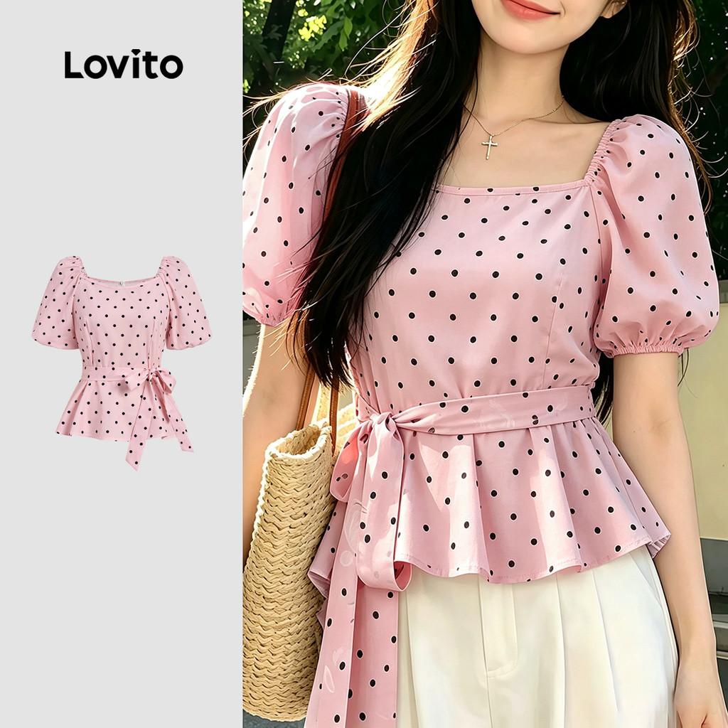 Lovito Blusa Elegante com Estampa com Cinto Amarração Frontal Rosa Blusa Feminina L199ED636