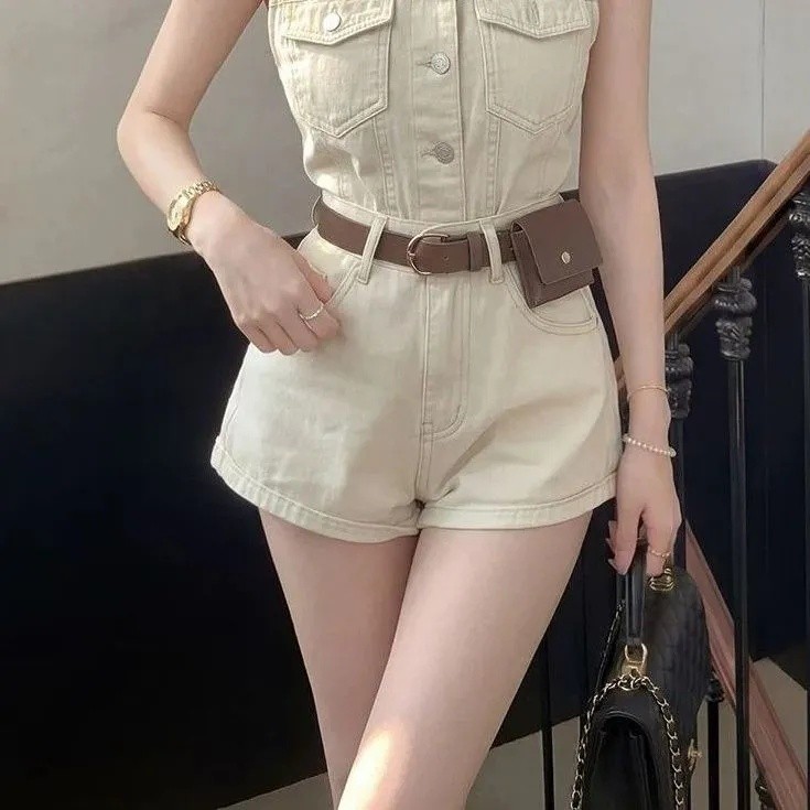 Retro macacão Denim colete Shorts terno de duas peças feminino verão novo estilo mais magro olhar sem mangas topo pequen