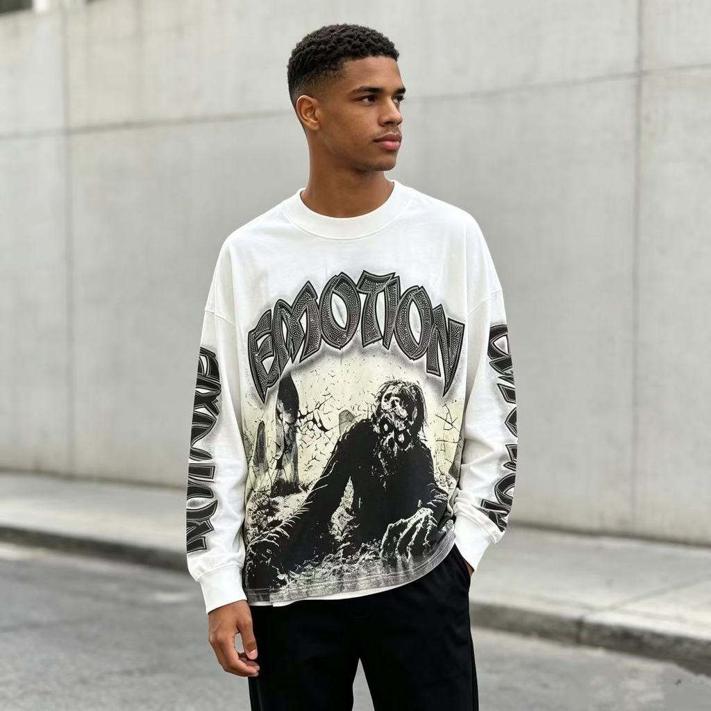 Camiseta Manga Longa Masculina Oversized Estampa Gráfica Rock Heavy Metal Confortável Moda Streetwear