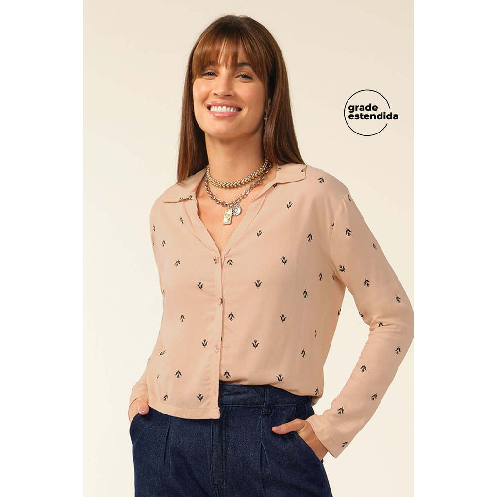 Camisa Feminina Manga Longa Floral Marialícia Bege