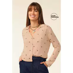 Camisa Feminina Manga Longa Floral Marialícia Bege