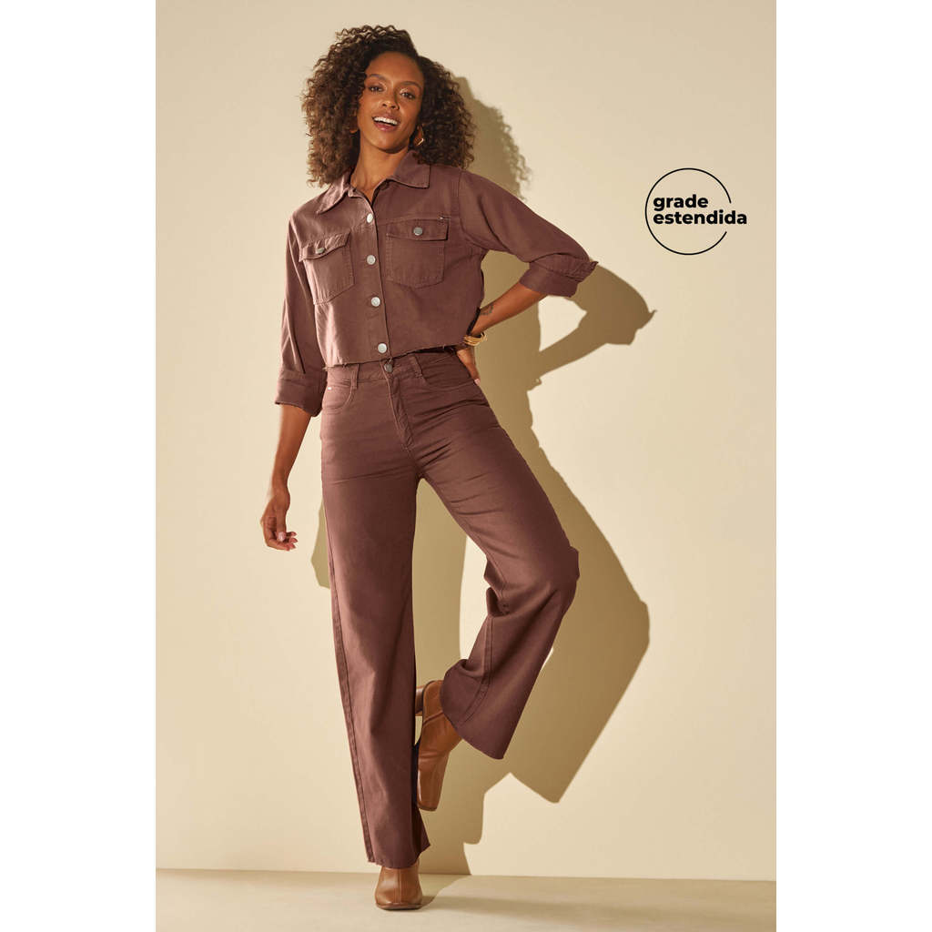 Calça Feminina Sarja Wide Leg Marialícia Marrom