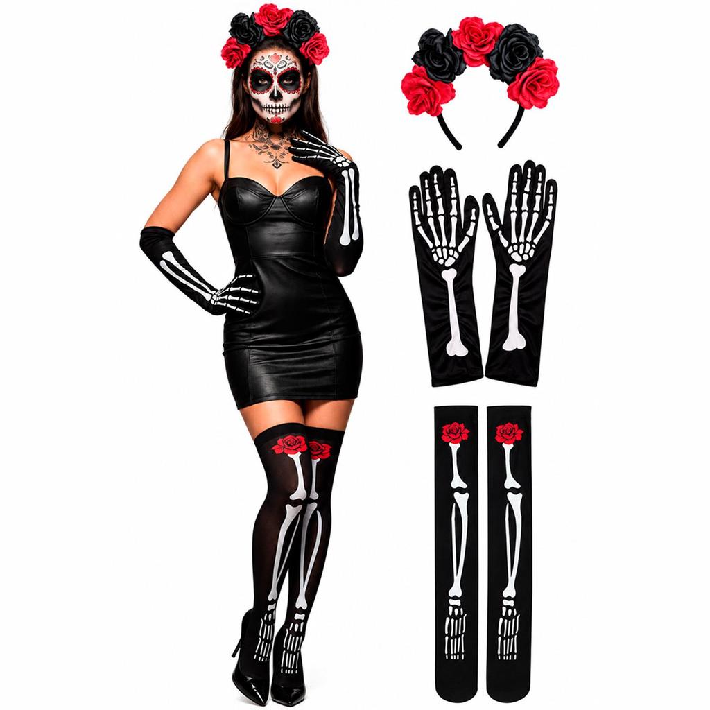 Kit Fantasia Caveira Mexicana Adulta Fantasia Halloween Feminina Barata Tiara Flores Luva e Meia de Esqueleto