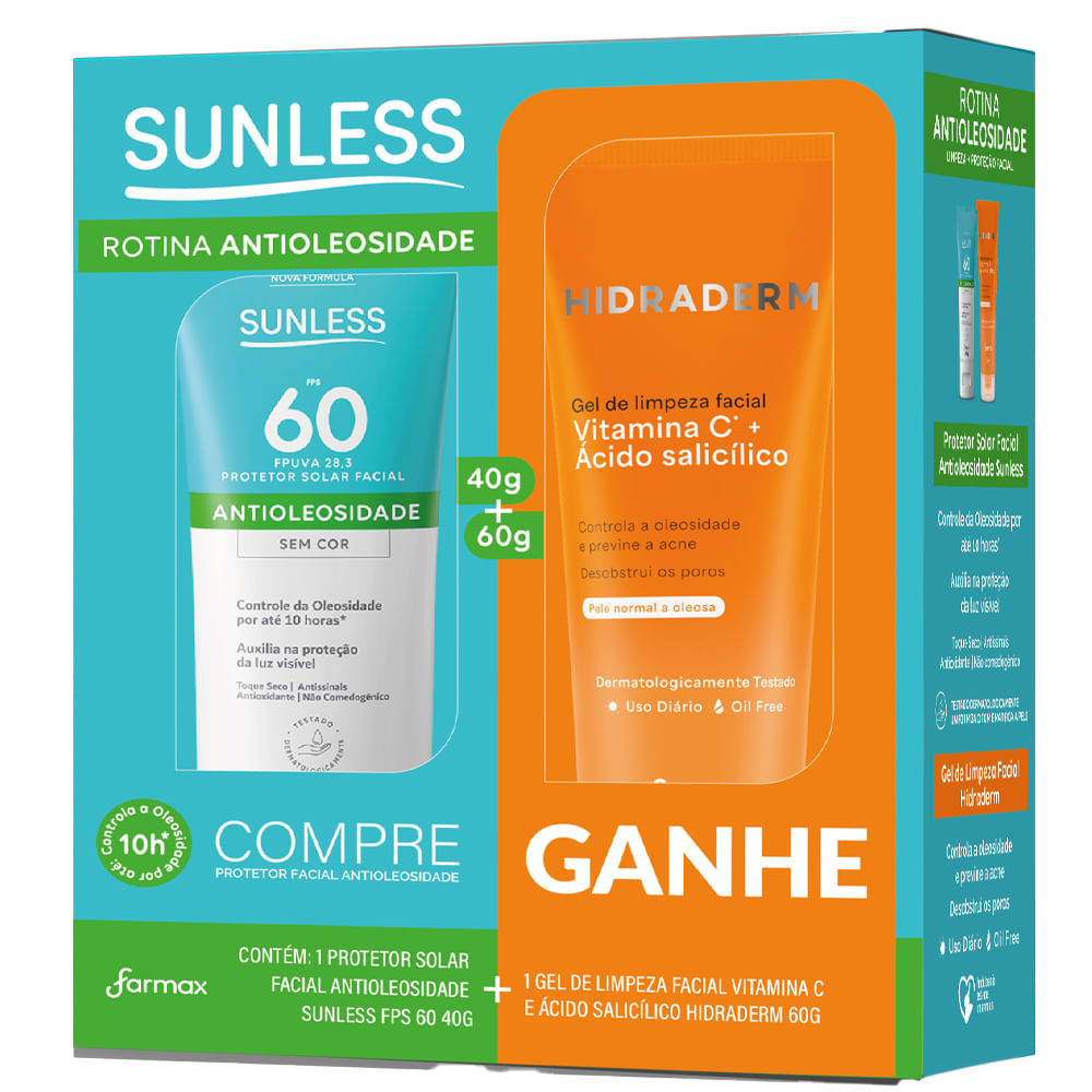 Kit Facial Sunless Protetor Solar Antioleosidade FPS 60 + Gel de Limpeza Hidraderm Vitamina C e Ácido Salicílico