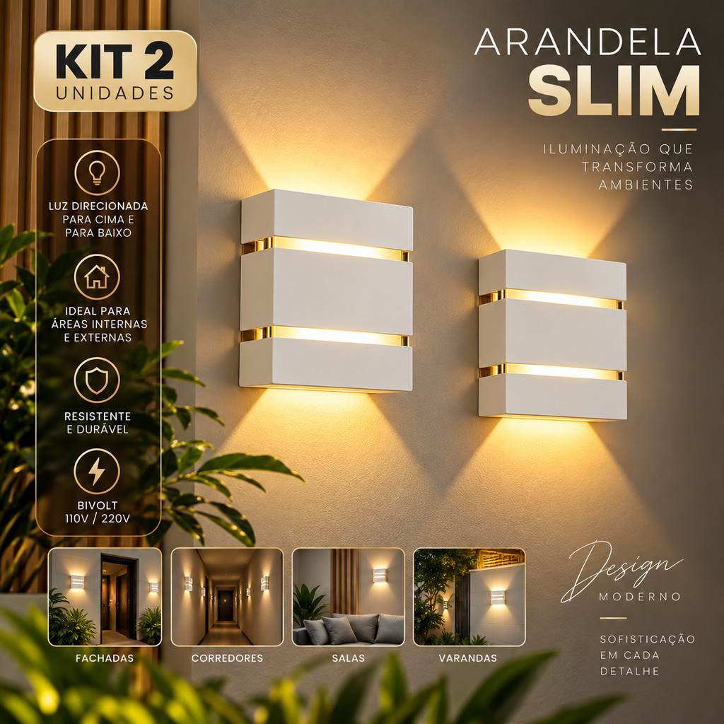 Kit 2 Arandela De Parede Luminária Slim Decoração 2 Focos  2 Frisos Externa e Interna Ideal P/ Jardins Muros Sítios