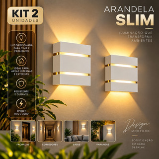 Kit 2 Arandela De Parede Luminária Slim Decoração 2 Focos  2 Frisos Externa e Interna Ideal P/ Jardins Muros Sítios