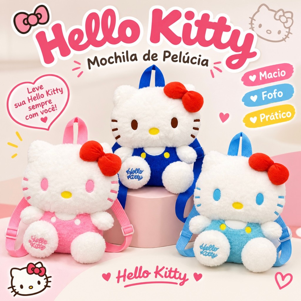 Mochila de Pelúcia Infantil Fofa 22cm – Gatinha Kawaii, Alças Ajustáveis | Presente de Natal e Aniversário