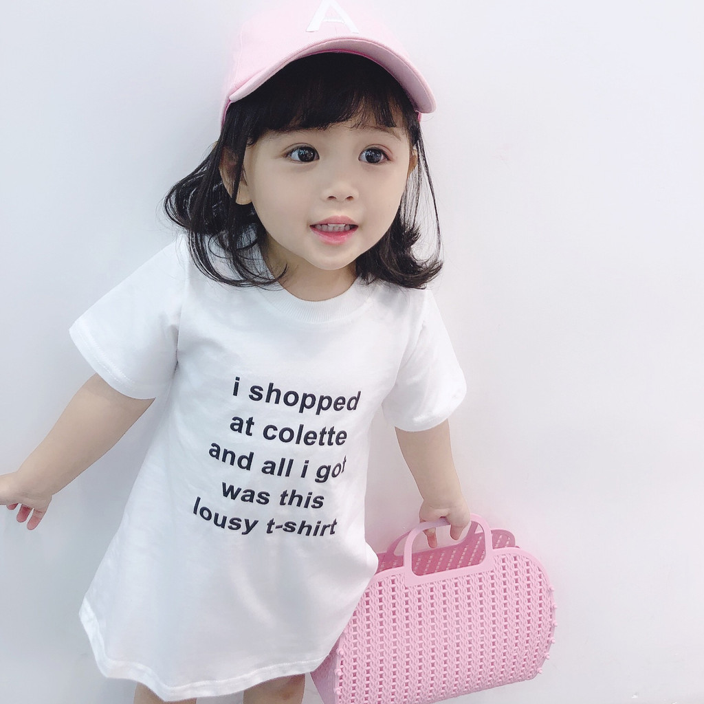Verão novo estilo crianças dos desenhos animados camiseta meninas algodão saia solta t carta impressão meninas vestido n