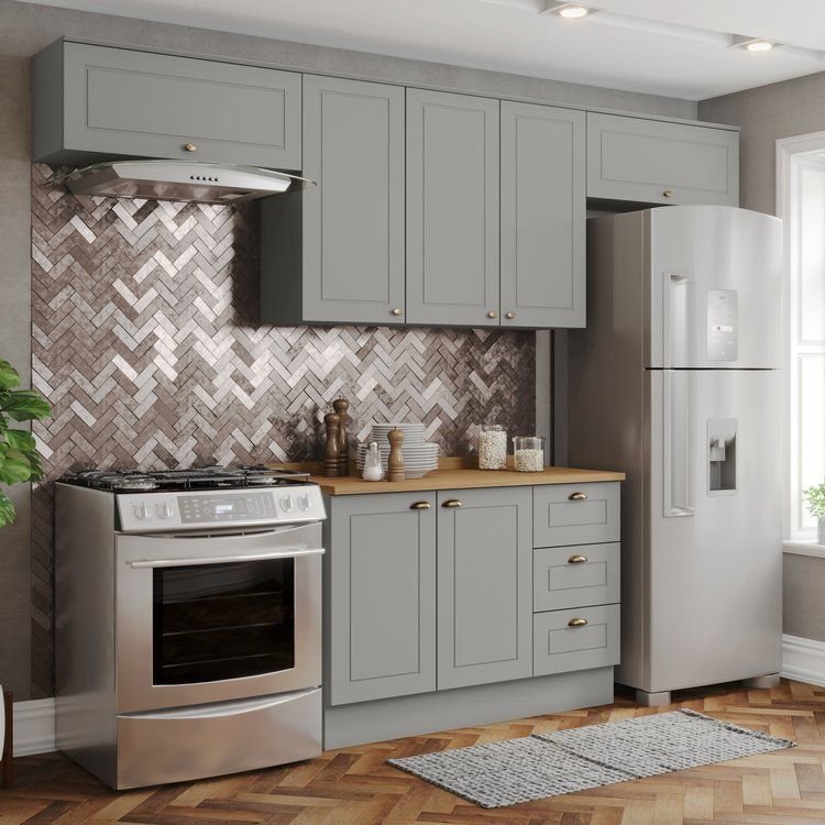 Cozinha Compacta 4 Peças 100% MDF com Tampo 120cm Linha Americana Cinza/Nature Cinza/Nature