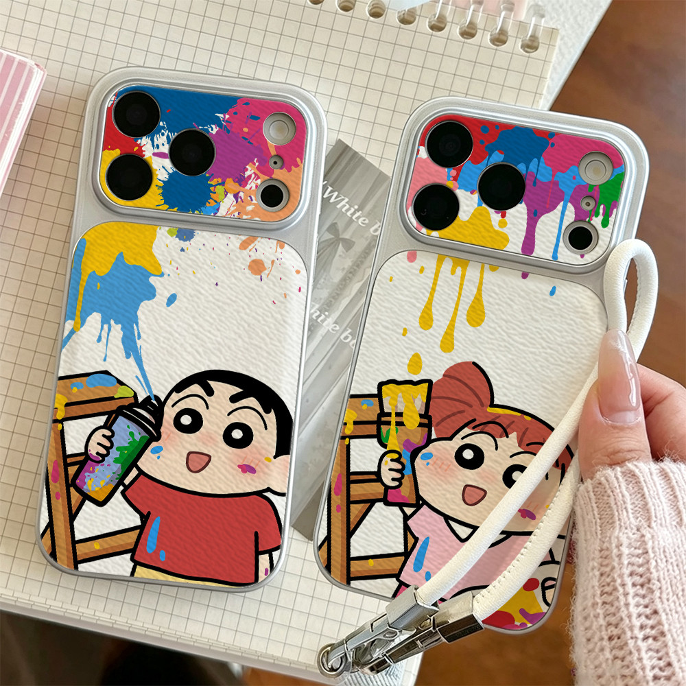 Capa De Telefone De Casal Shin-chan Para iPhone 17/16/Pro Max/15Plus/14/13/12/11/Textura De Couro Revestido Metálico Cob